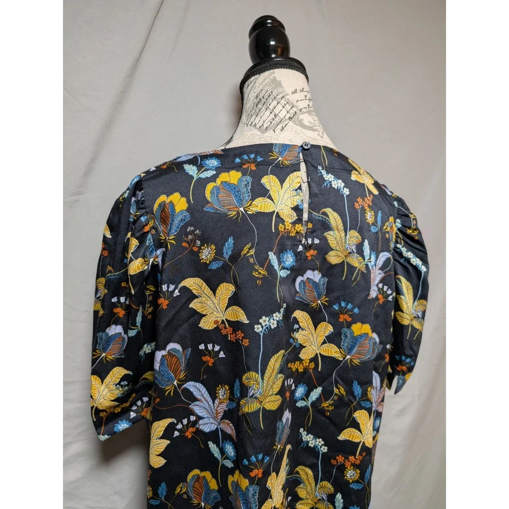 LOFT‎ Women's Navy Multicolor Floral Print Blouse Puff Sleeves Size Large Petite